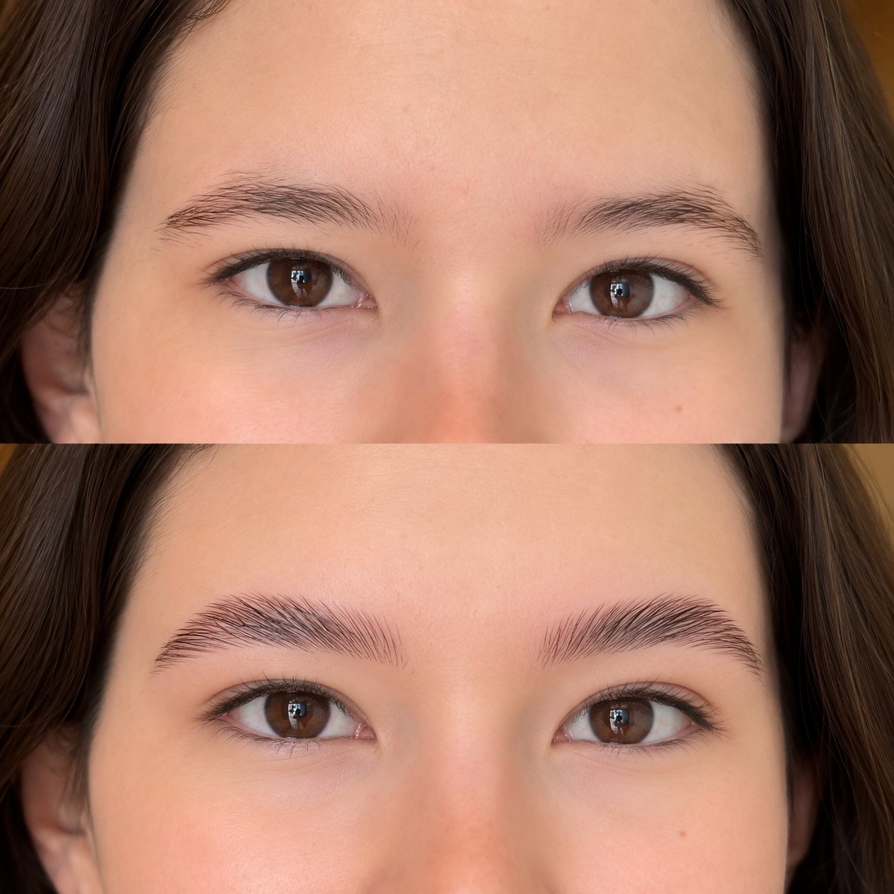 Sobrancelhas antes (em cima) e depois do brow lamination (embaixo)